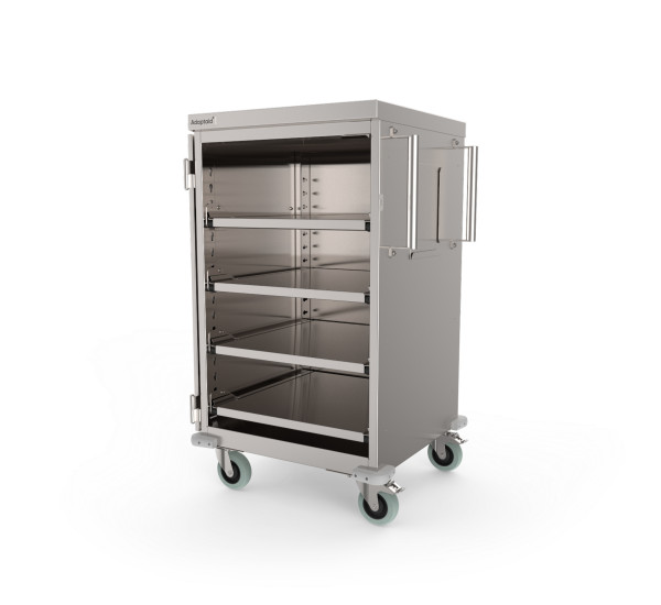 Chariot de cas fermé en acier inoxydable avec poignées verticales, quatre tablettes coulissante et porte rabattue sur le côté.