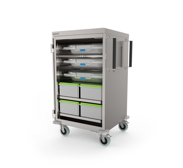 Chariot de cas fermé personnalisé par Adaptaid pour le transport de grands caissons de stérilisation, d'instruments chirurgicaux allongés et de cassettes à endoscopes.