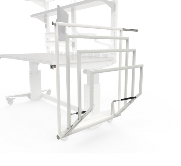 Le support rétractable en acier inoxydable Ergoflex en position ouverte peut contenir quatre tailles différentes de champs de stérilisation.
